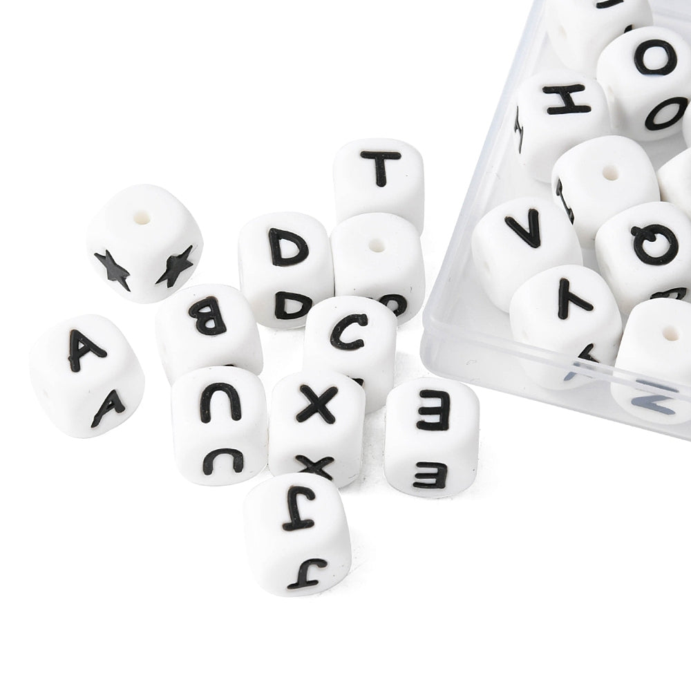 28 Style Food Grade Eco-Friendly Silicone Beads, White Cube with Black Letter & Heart & Star, Letter A~Z