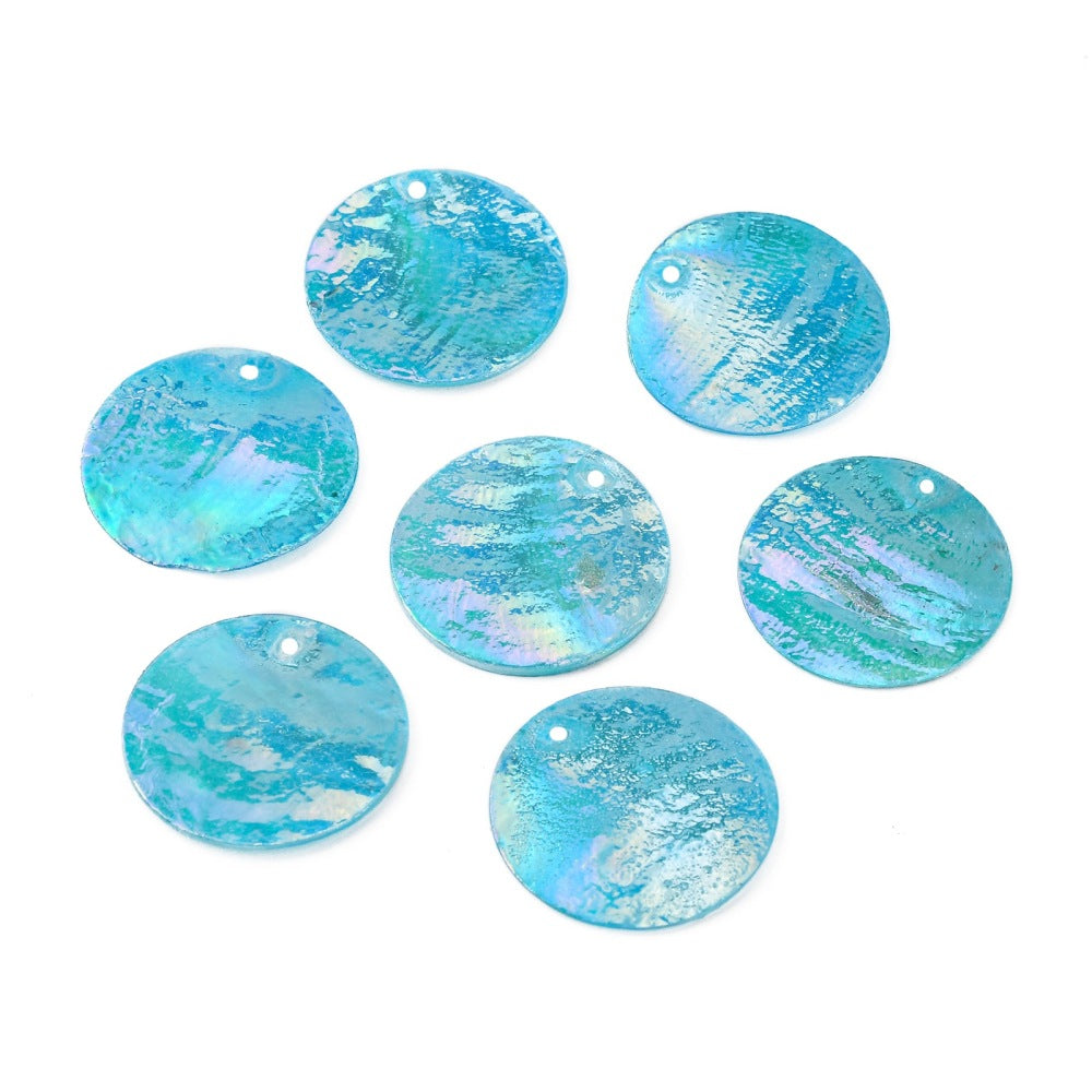 Dyed Capiz Shell Pendants – Light Blue, Flat Round 24–25×1–2mm, 1–1.5mm Hole 10Pk The Pink Bead Shop