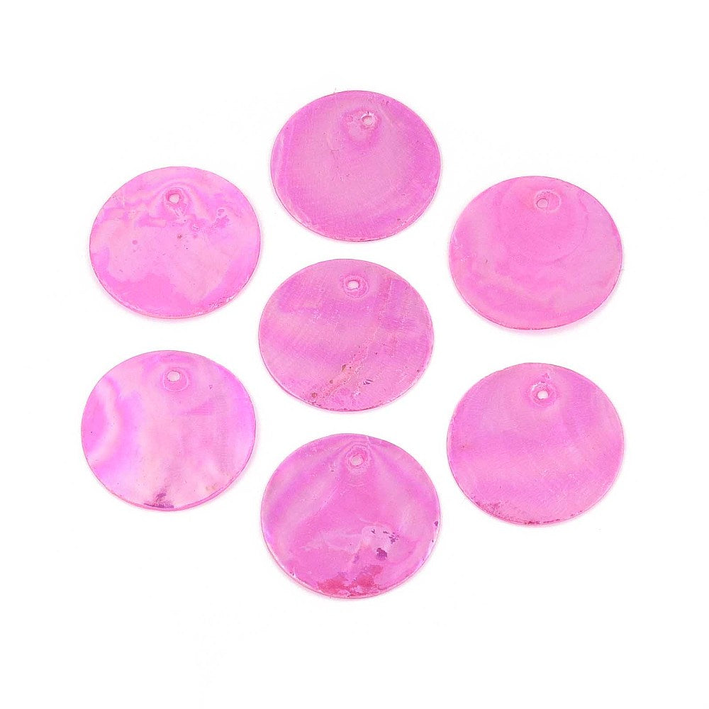 Dyed Capiz Shell Pendants – Pink, Flat Round 24–25×1–2mm, 1–1.5mm Hole 10 Pack The Pink Bead Shop