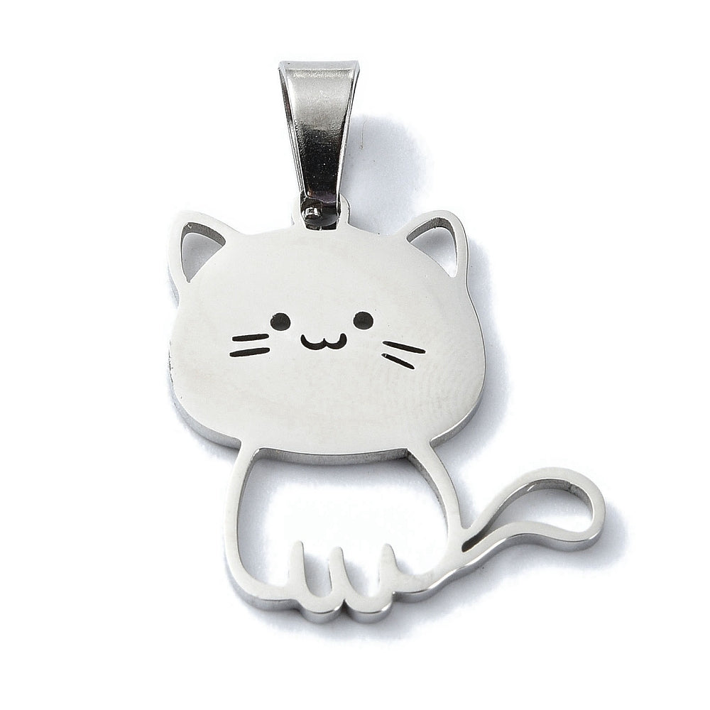 Cat Charm Pendant – Non-Tarnish 304 Stainless Steel, Laser-Cut, 23×20×1.5 mm, Hole: 7×4 mm The Pink Bead Shop