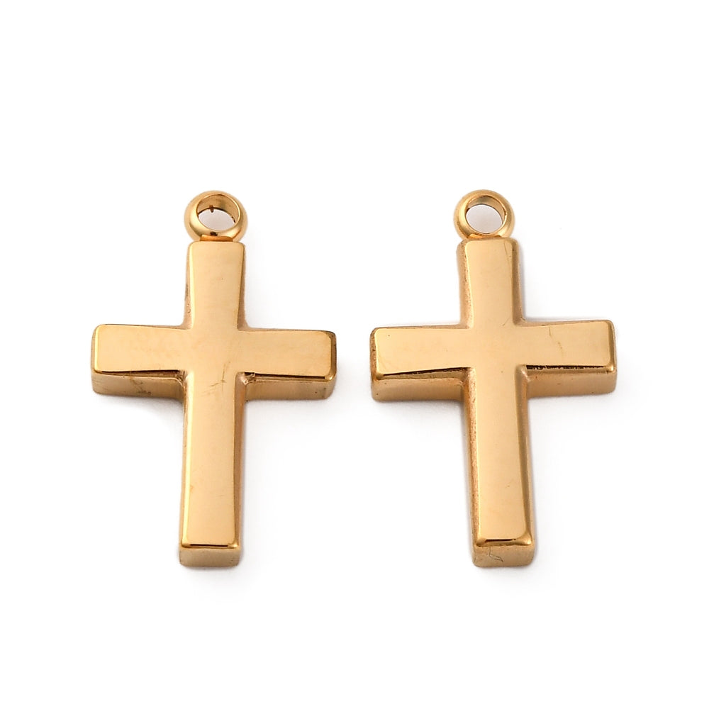 Stainless Steel Cross Charms – PVD Gold & Natural Steel Finish (18.5mm) The Pink Bead Shop