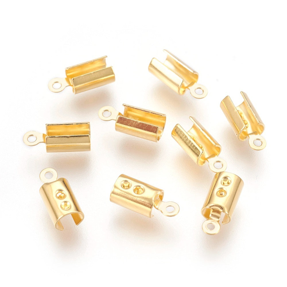 304 Stainless Steel Fold Over Crimp Cord Ends Real 18K Gold Plated 9.5x4x3.5mm 20 Pack | The Pink Bead Shop Canada