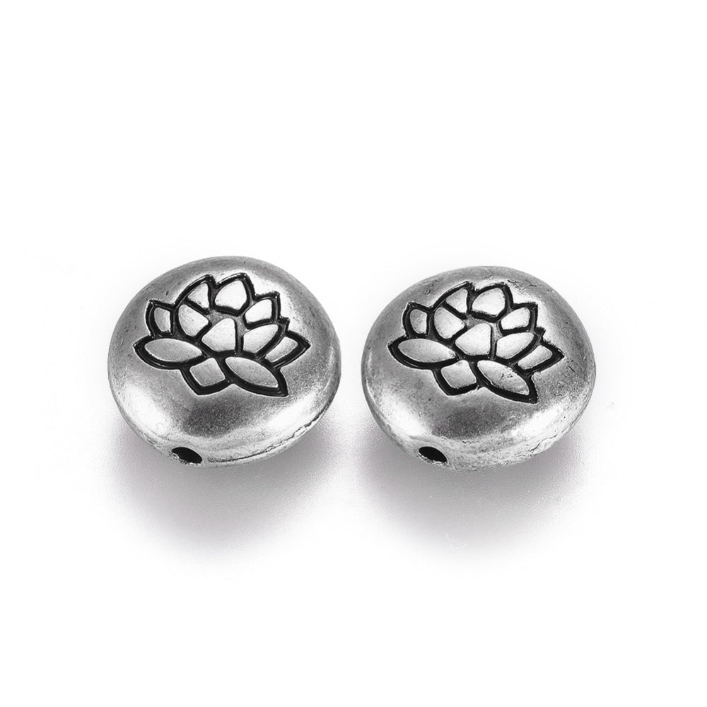 Tibetan Style Lotus Beads – Sterling Silver Plated Alloy, Flat Round 14×6.5mm, 1mm Hole 2Pack The Pink Bead Shop