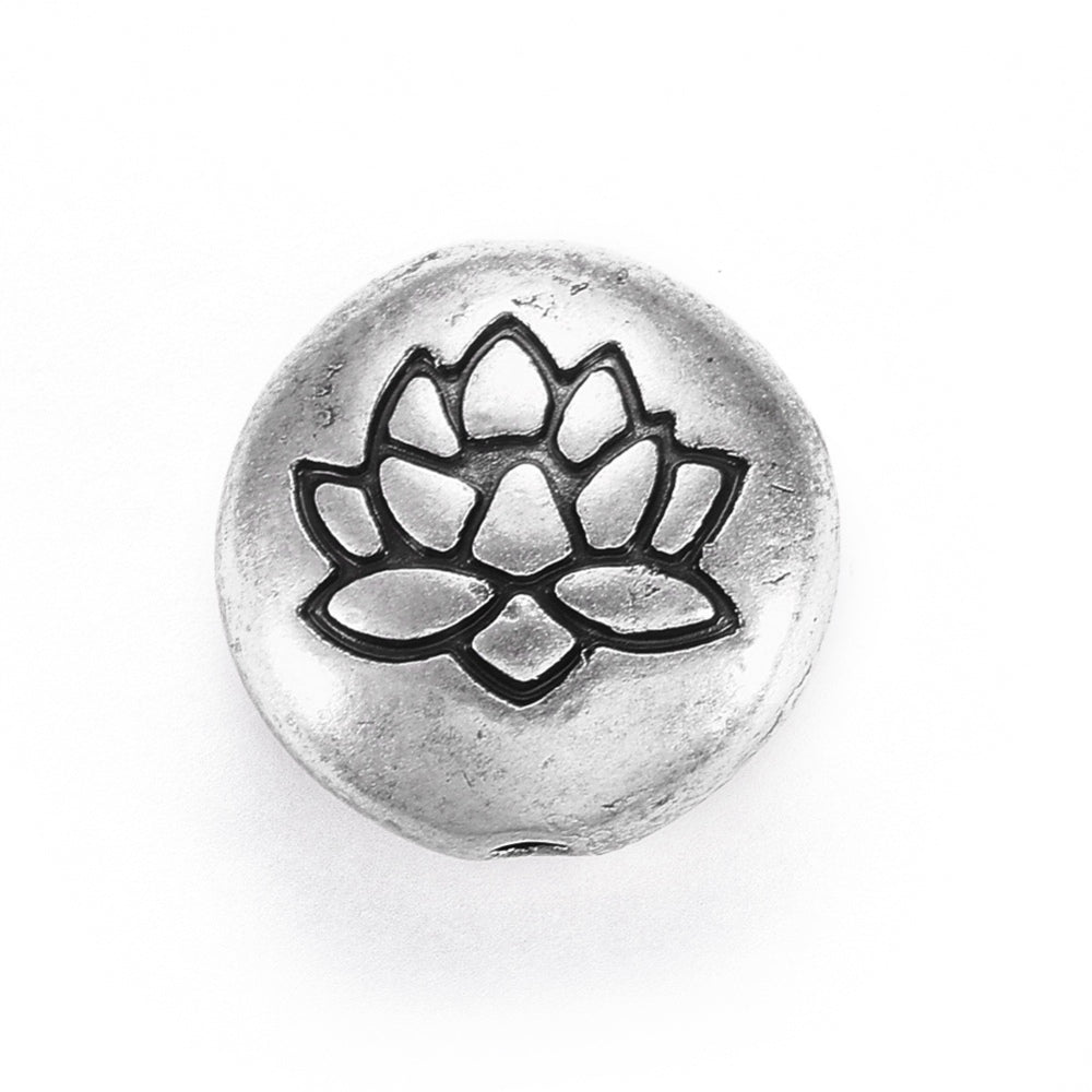 Tibetan Style Lotus Beads – Sterling Silver Plated Alloy, Flat Round 14×6.5mm, 1mm Hole 2Pack The Pink Bead Shop