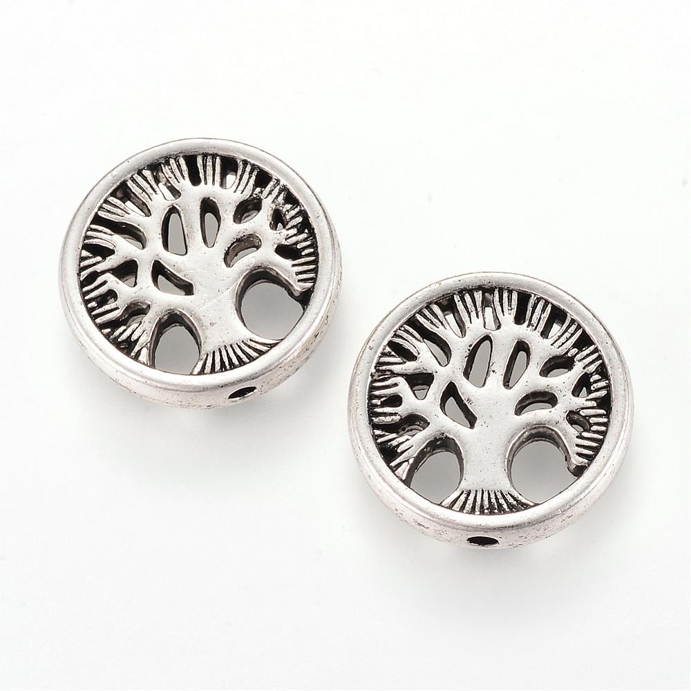 Tibetan Style Tree of Life Beads – Antique Silver Alloy, Flat Round 18×4mm, 1.5mm Hole 4 PACK The Pink Bead Shop