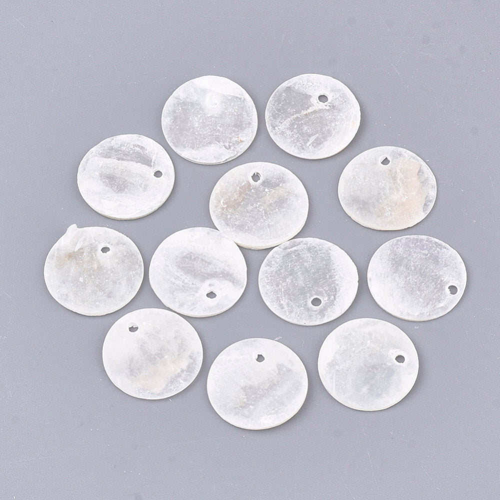 Capiz Shell Pendants – WhiteSmoke, Flat Round 15×0.5–1.5mm, 1.2–1.4mm Hole 10pk The Pink Bead Shop
