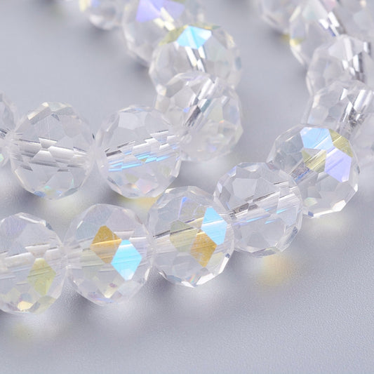 Glass Beads Strands, Rondelle, White, AB Color Plated 10mm