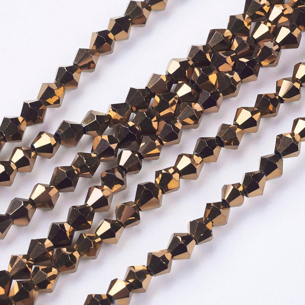 Electroplate Glass Beads Strands, Full Plated, Faceted, Bicone, Bisque Size: about 3mm in diameter