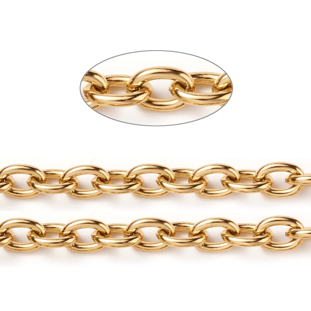 Ion Plating(IP) 304 Stainless Steel Cable Chains, Unwelded, with Spool, Real 18K Gold Plated Sold by the Meter