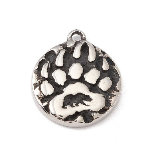 304 Stainless Steel Pendant, Flat Round with Bear Paw Print, Antique Silver