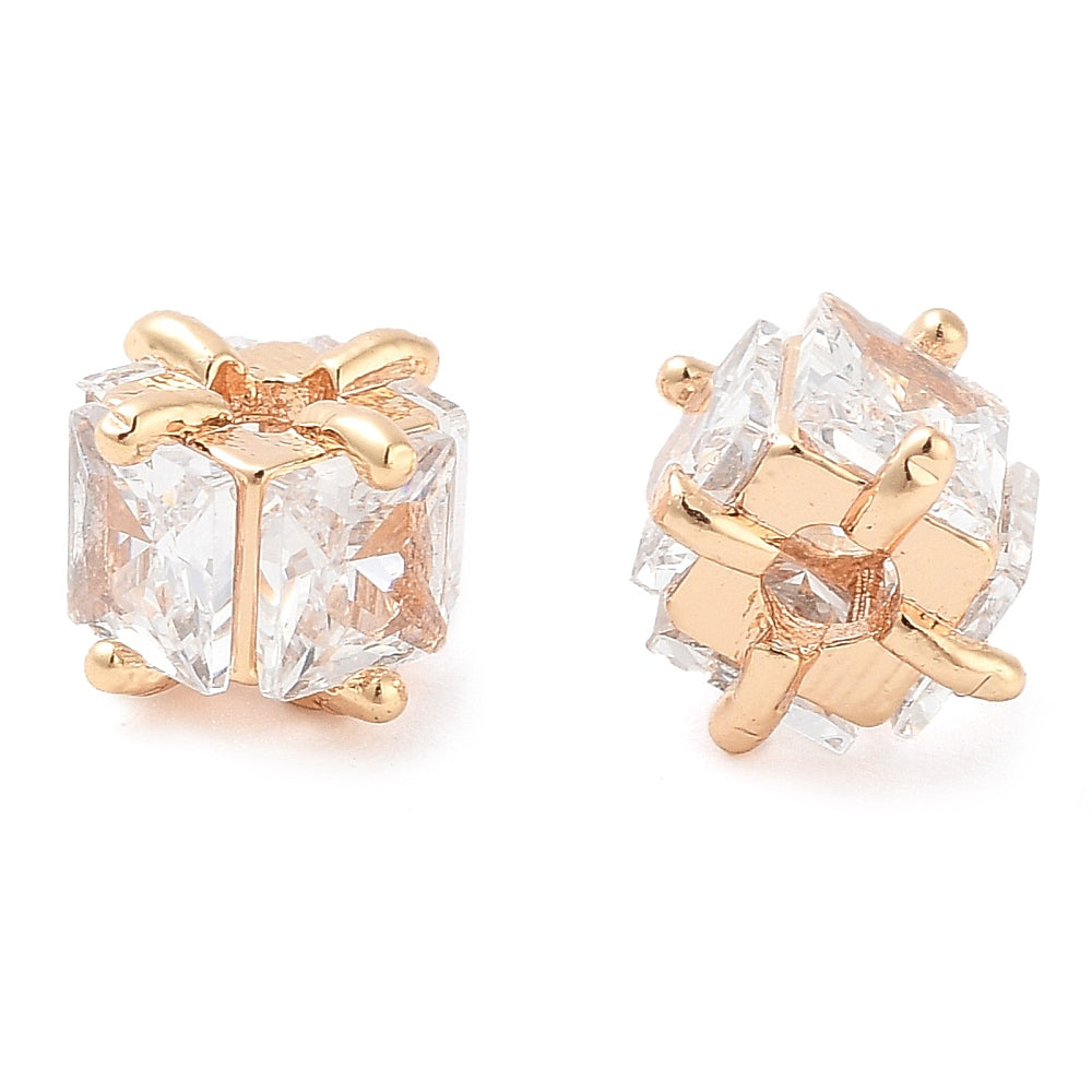 Brass Micro Pave Clear Cubic Zirconia Beads, Square, Real 18K Gold Plated 2 PACK