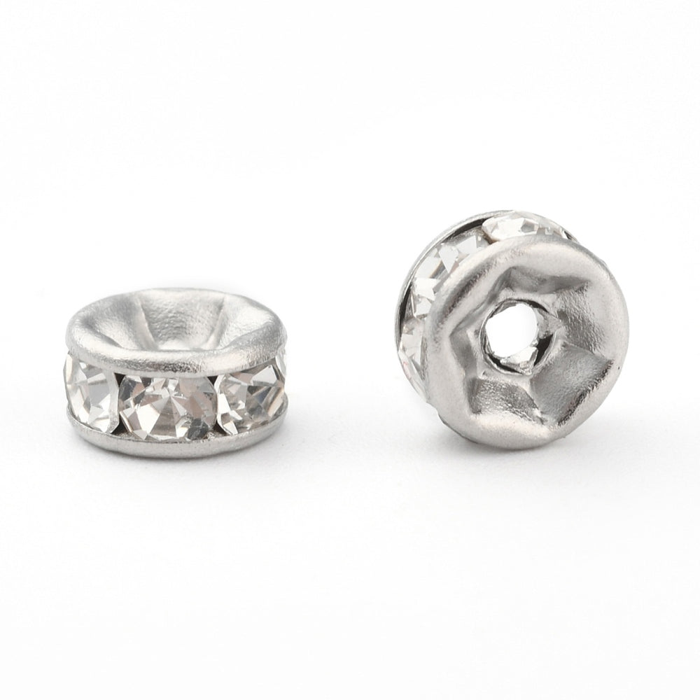 316 Surgical Stainless Steel Spacer Beads, with Rhinestone, Stainless Steel Color 10pk