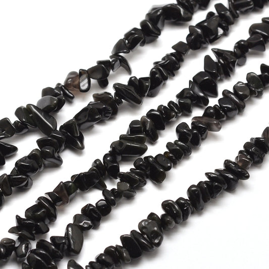Natural Black Obsidian Chip Bead Strand