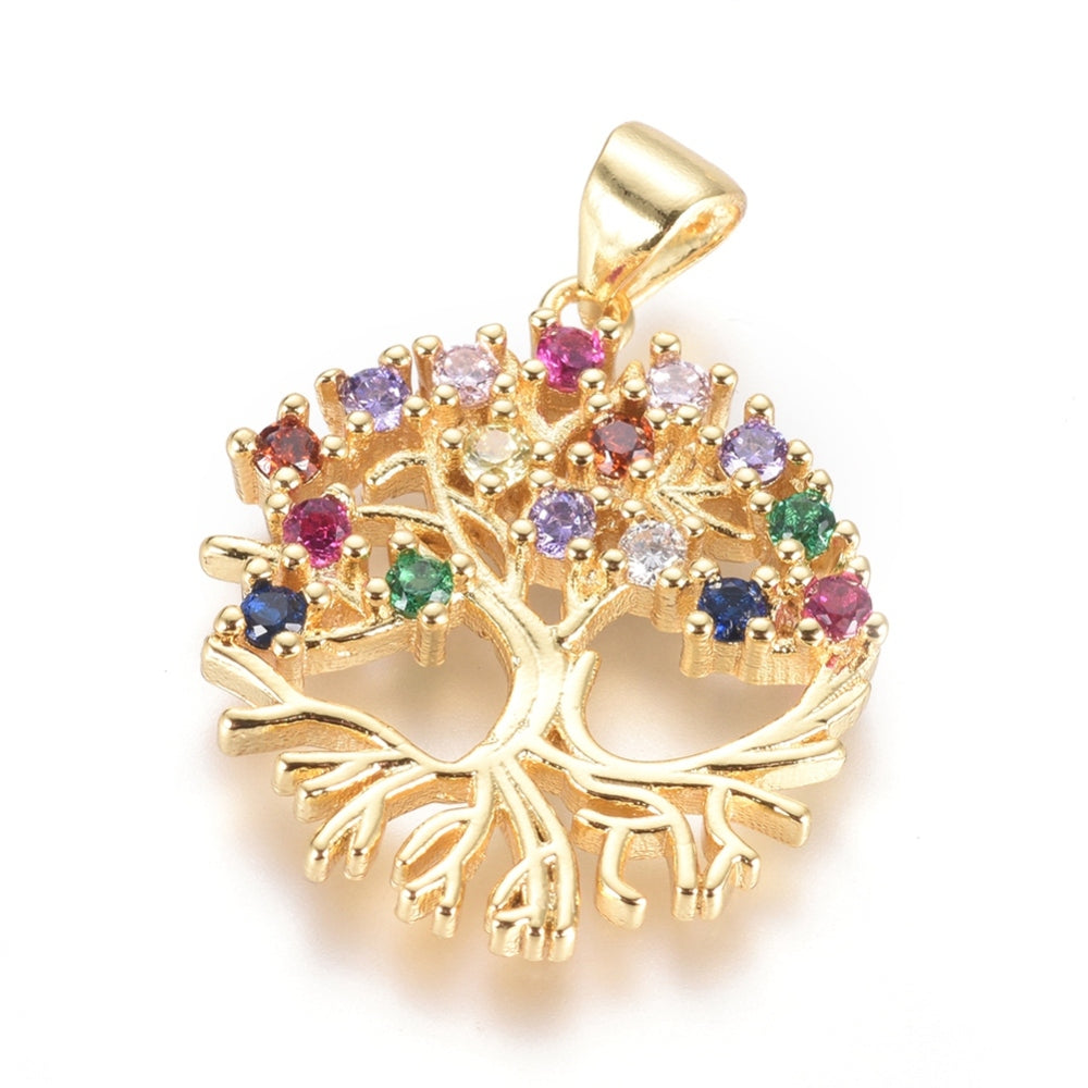 Brass Micro Pave Cubic Zirconia Pendants, Long-Lasting Plated, Tree of Life, Colorful, Golden