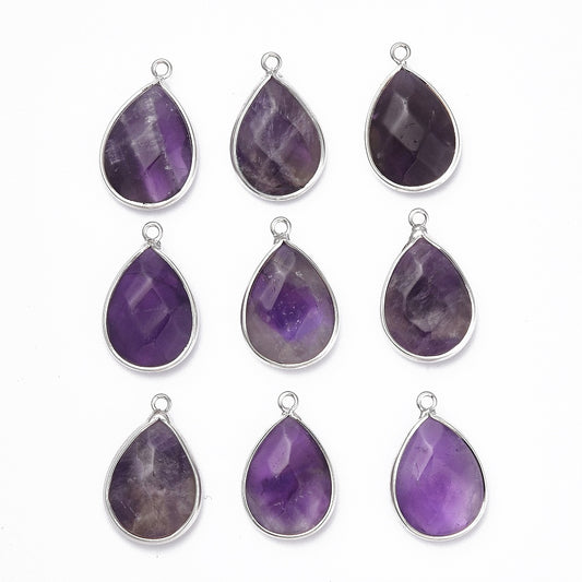 Natural Amethyst Faceted Teardrop Pendants 2 Pack