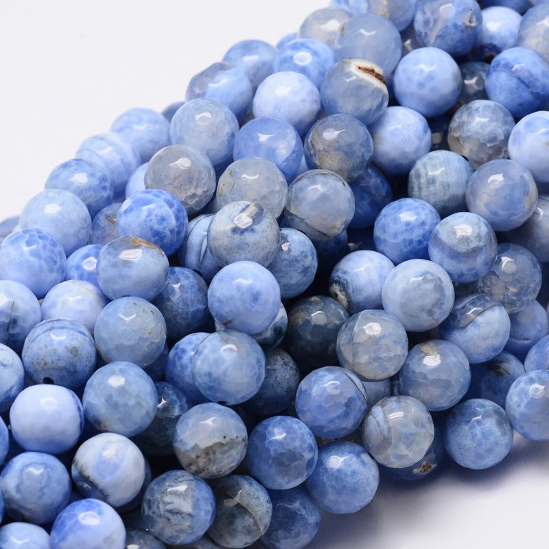Dyed Natural Fire Crackle Agate Faceted Round Beads Strands, Cornflower Blue 8mm