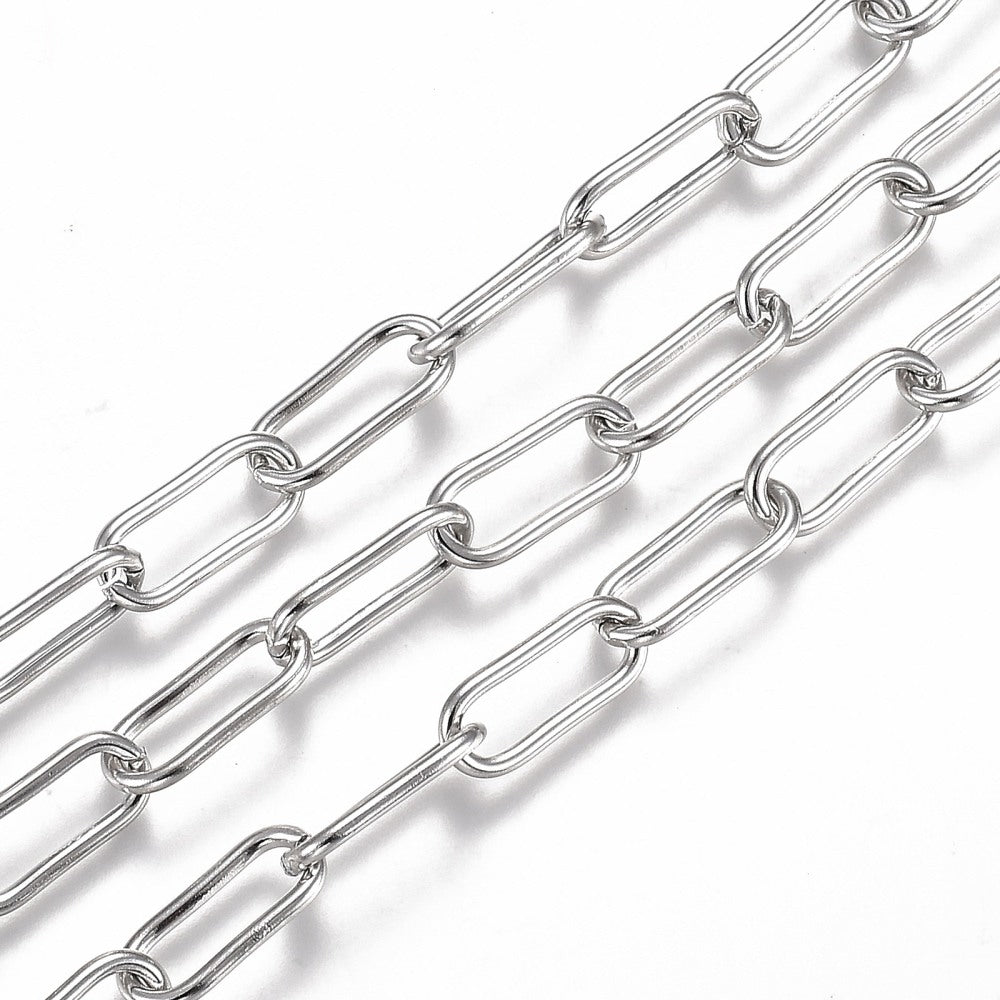 Tarnish Resistant 304 Stainless Steel Paperclip Chains, Drawn Elongated Cable Chains, with Spool, Unwelded, Stainless Steel Color SOLD BY THE METER