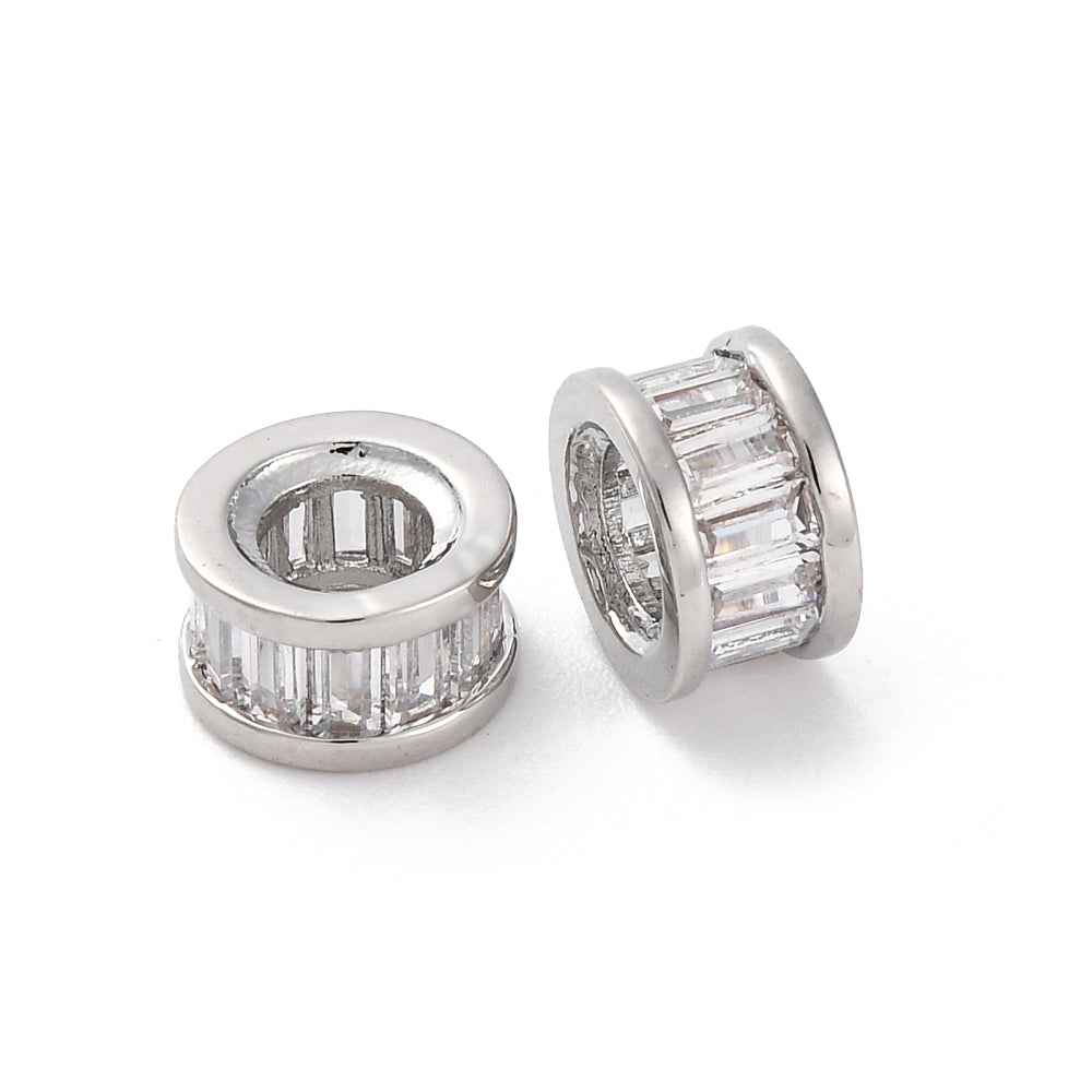 Brass Micro Pave Cubic Zirconia Spacer Beads, Flat Round, Platinum