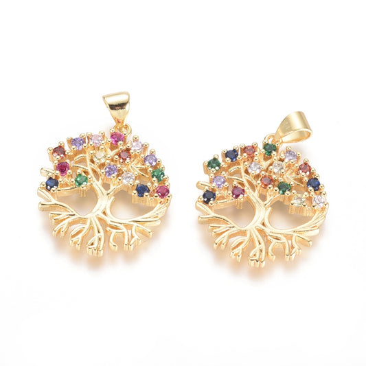 Brass Micro Pave Cubic Zirconia Pendants, Long-Lasting Plated, Tree of Life, Colorful, Golden