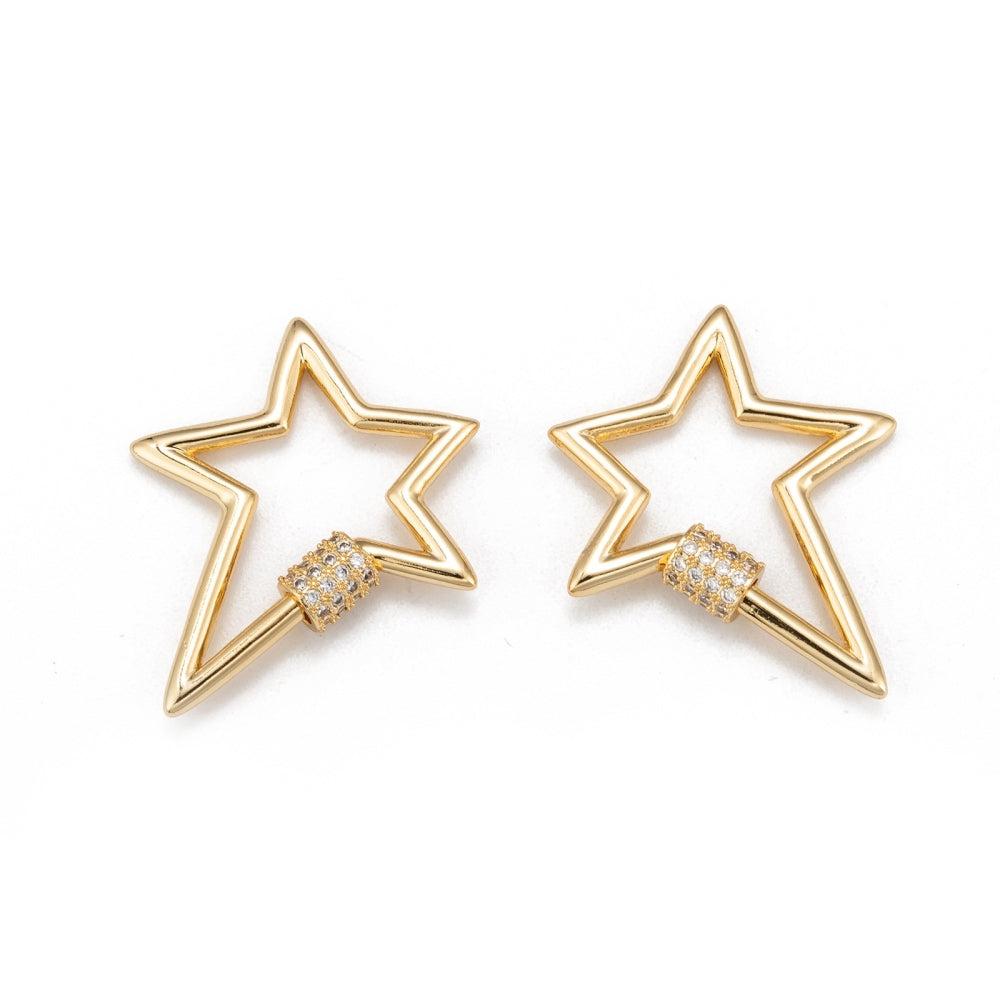 Brass Micro Pave Clear Cubic Zirconia Screw Carabiner Lock Charms, Quick Links, Star, Golden and Silver Color