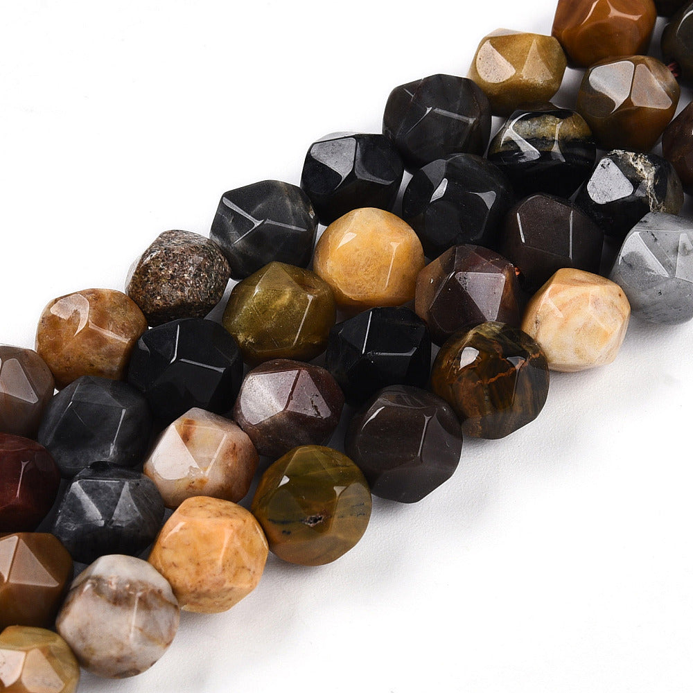 Natural Petrified Wood Beads Strands, Faceted, Star Cut Round Beads, 8mm