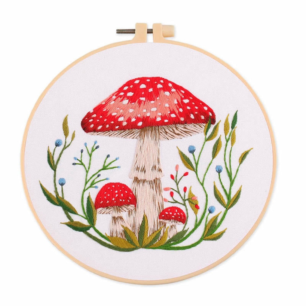 Mushroom Pattern Embroidery Starter Kits, including Embroidery Fabric & Thread, Needle, Embroidery Hoop, Instruction Sheet, White Size: Embroidery Hoop