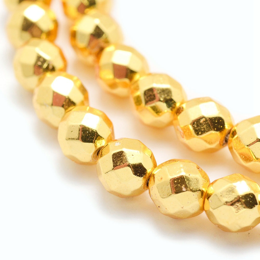 Hematite Grade AAA Long Lasting Plated 4mm Faceted Bead Strands Golden