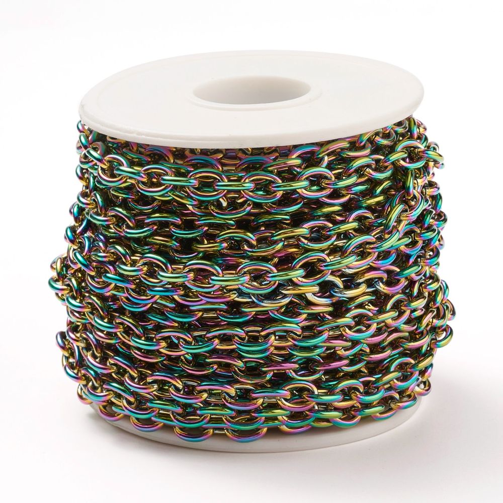 Ion Plating(IP) 304 Stainless Steel Cable Chains, Unwelded, with Spool, Rainbow Color Sold by the meter