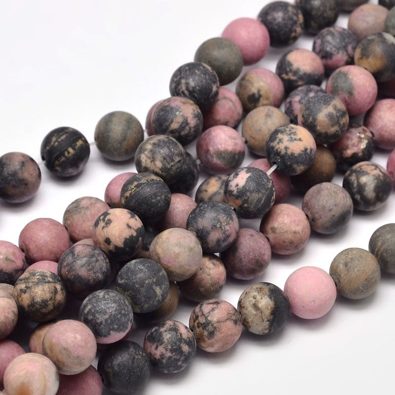 Frosted Natural Rhodonite Round Bead Strands 10mm