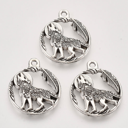 Tibetan Style Alloy Howling Wolf Pendants, Cadmium Free & Lead Free, Flat Round with Wolf, Antique Silver 3 pack