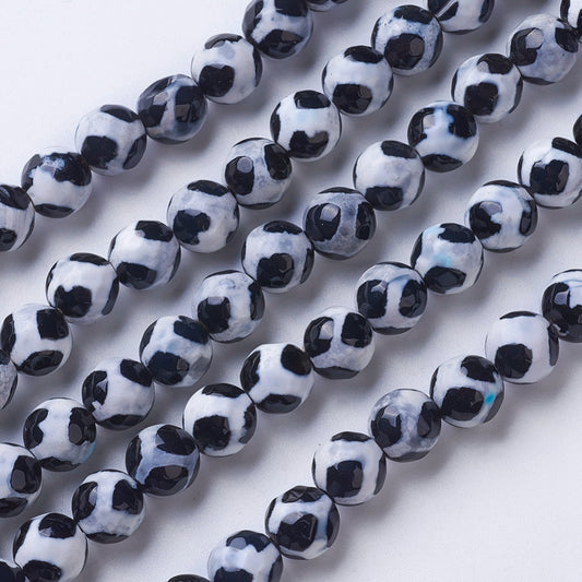DZI Natural Grade A Agate Beads Strands, Dyed & Heated, Round, Faceted, 8mm Black & White