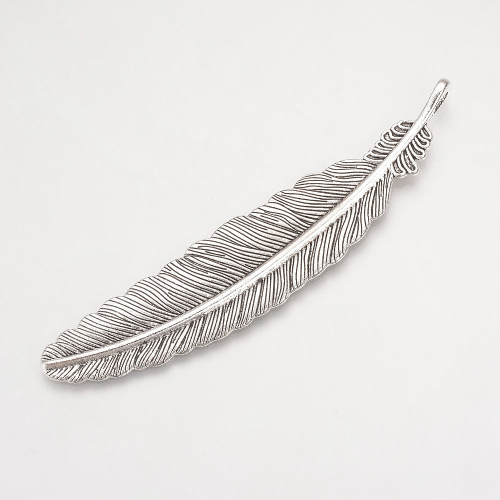 Tibetan Style Alloy Big Pendants, Feather, Cadmium Free & Lead Free, Antique Silver