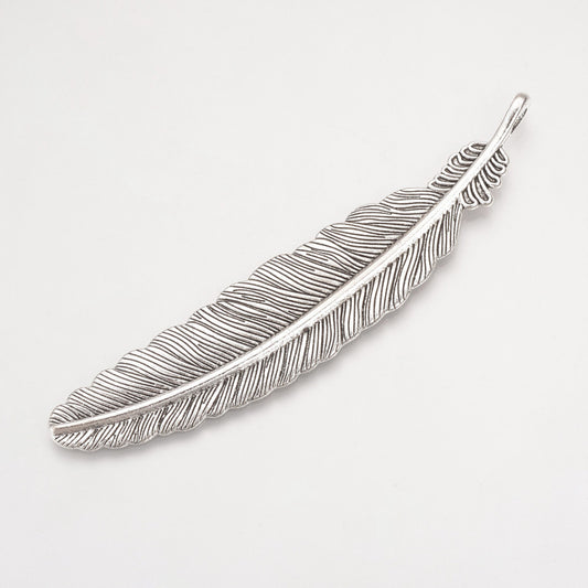 Tibetan Style Alloy Big Pendants, Feather, Cadmium Free & Lead Free, Antique Silver