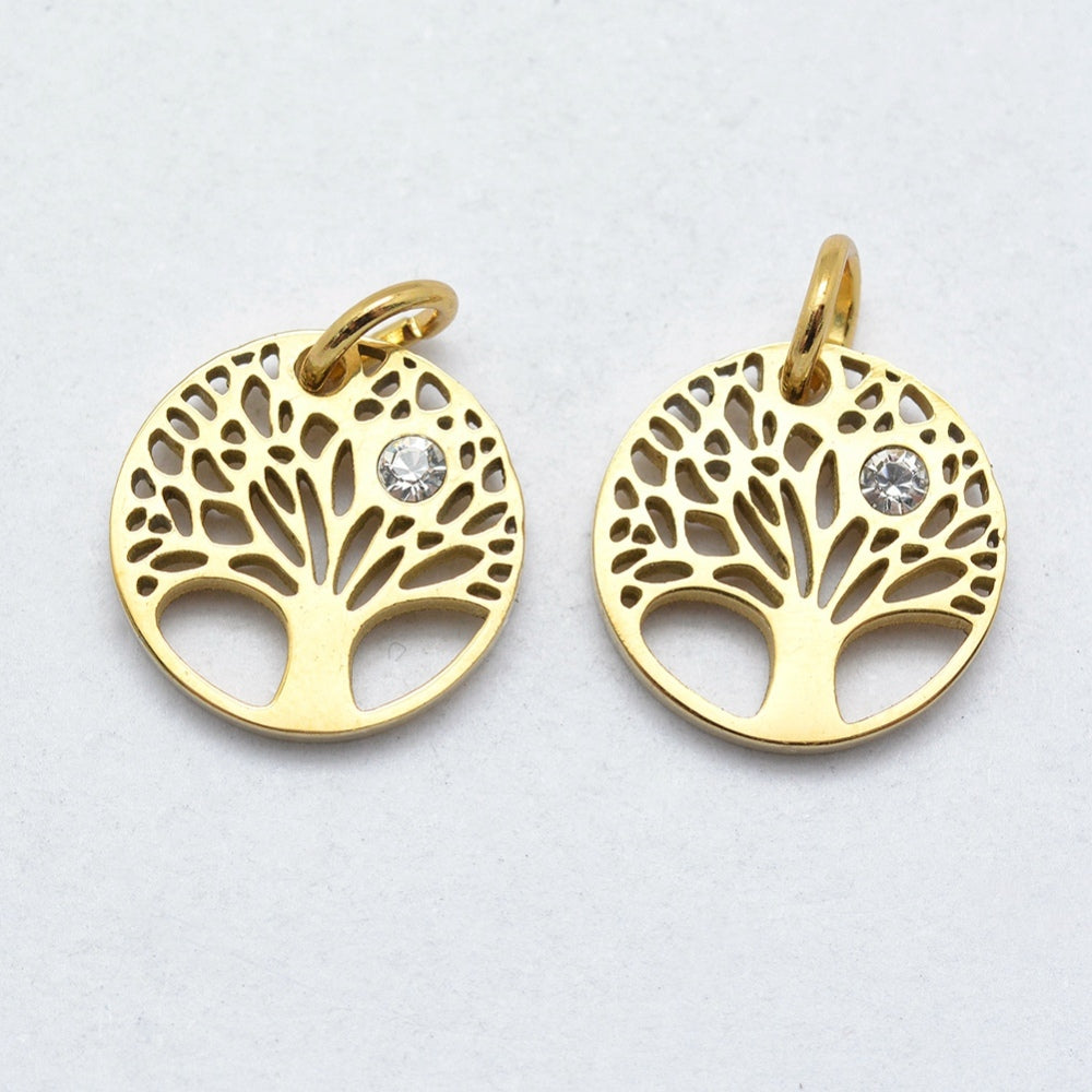 316 Surgical Stainless Steel Pendants, with Cubic Zirconia, Flat Round with Tree,