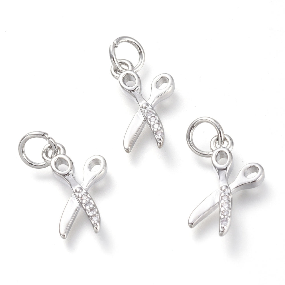 Brass Micro Pave Clear Cubic Zirconia Pendants, with Jump Rings, Scissors, Real Platinum Plated
