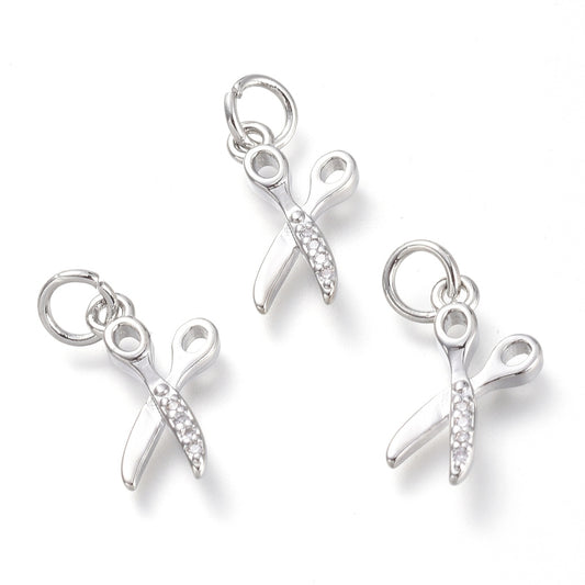 Brass Micro Pave Clear Cubic Zirconia Pendants, with Jump Rings, Scissors, Real Platinum Plated
