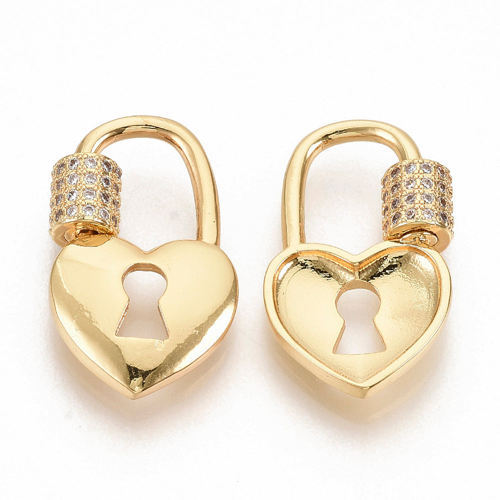 Brass Micro Pave Clear Cubic Zirconia Screw Carabiner Lock Charms, Heart Lock, Real 16K Gold Plated