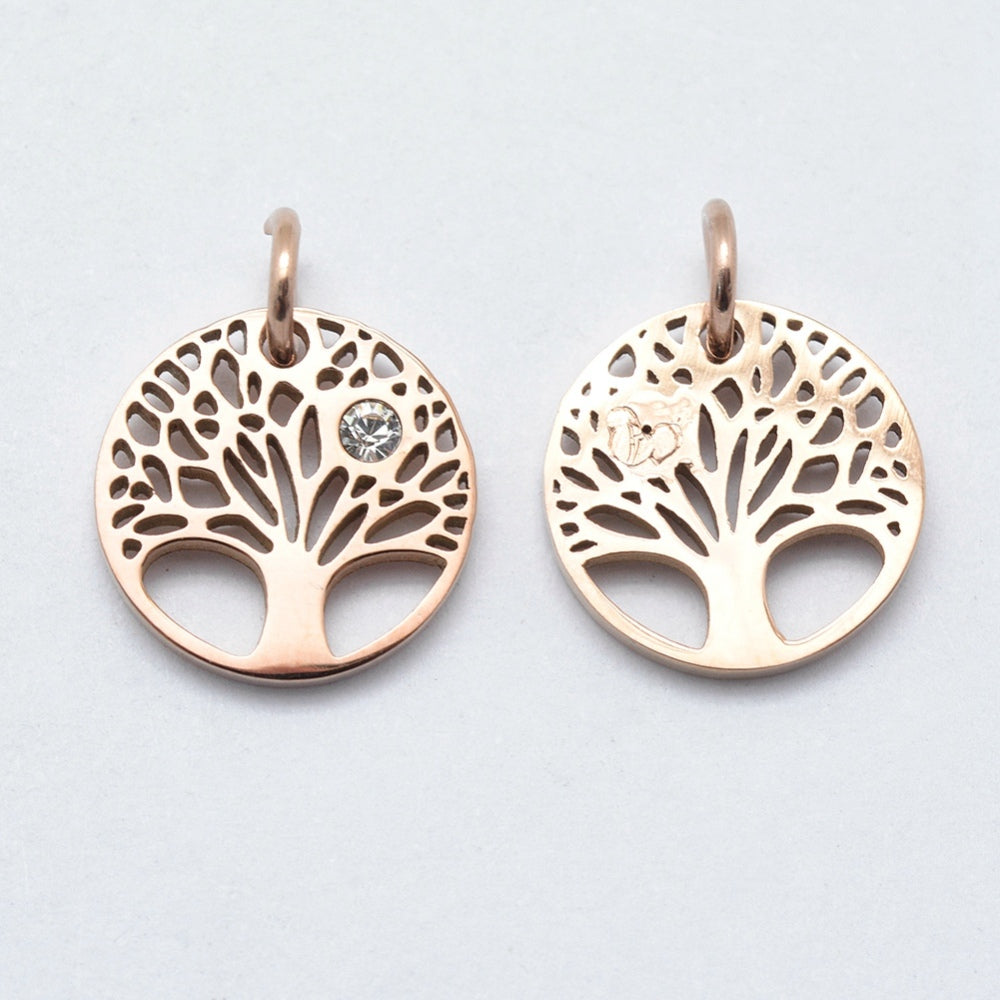 316 Surgical Stainless Steel Pendants, with Cubic Zirconia, Flat Round with Tree,