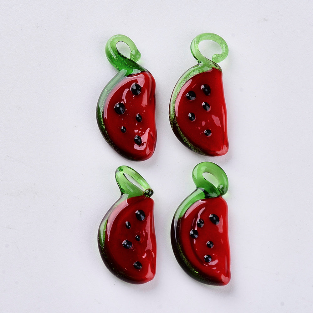 Handmade Lampwork Pendants, Watermelon, Dark Red 2pk