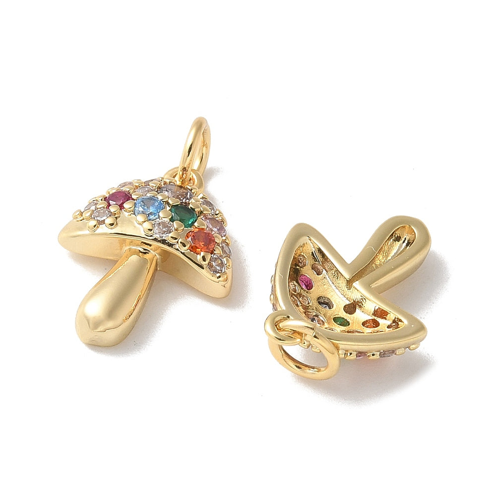 Brass Micro Pave Clear Cubic Zirconia Pendants, Mushroom Charms, Cadmium Free &Lead Free, Long-Lasting Plated, Rack Plating, with Jump Ring, Real 18K Gold Plated