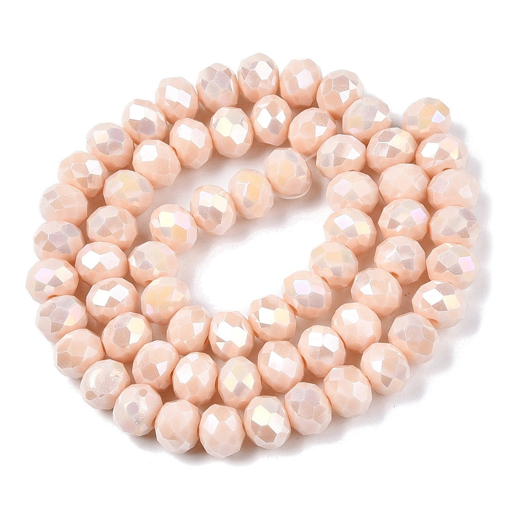Electroplate Glass Beads Strands, Opaque Solid Color, AB Color Plated, Faceted, Rondelle, Antique White 8mm