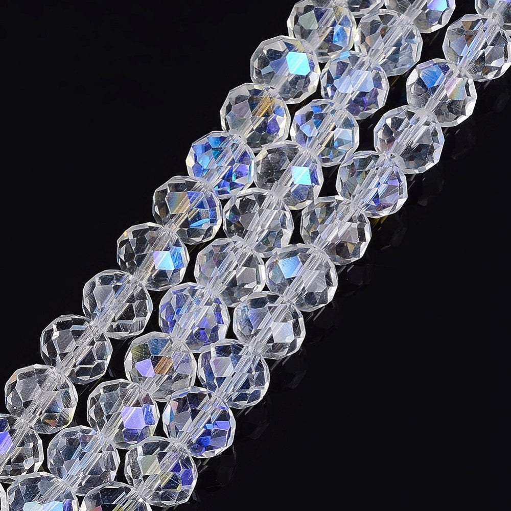 Glass Beads Strands, Rondelle, White, AB Color Plated 10mm