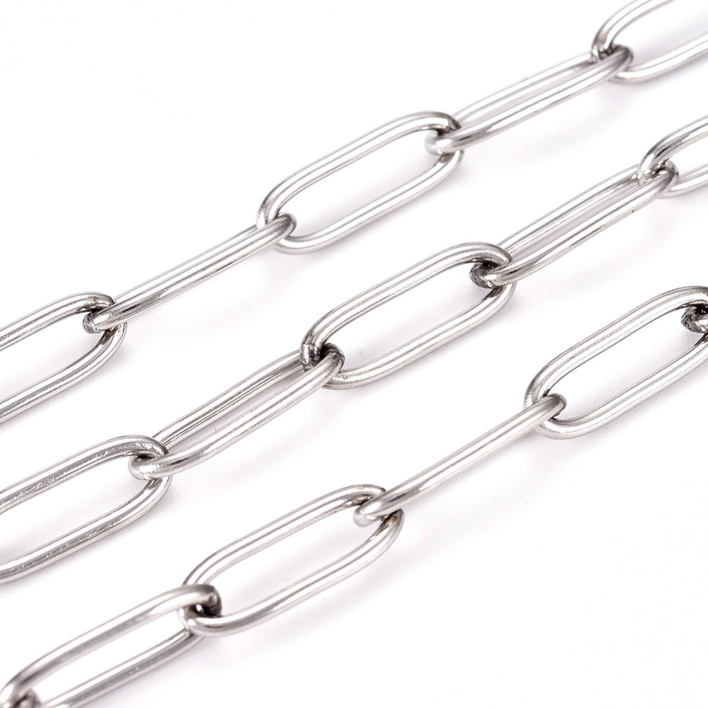 Tarnish Resistant 304 Stainless Steel Paperclip Chains, Drawn Elongated Cable Chains, Soldered, with Spool, Stainless Steel Color 10M ROLL