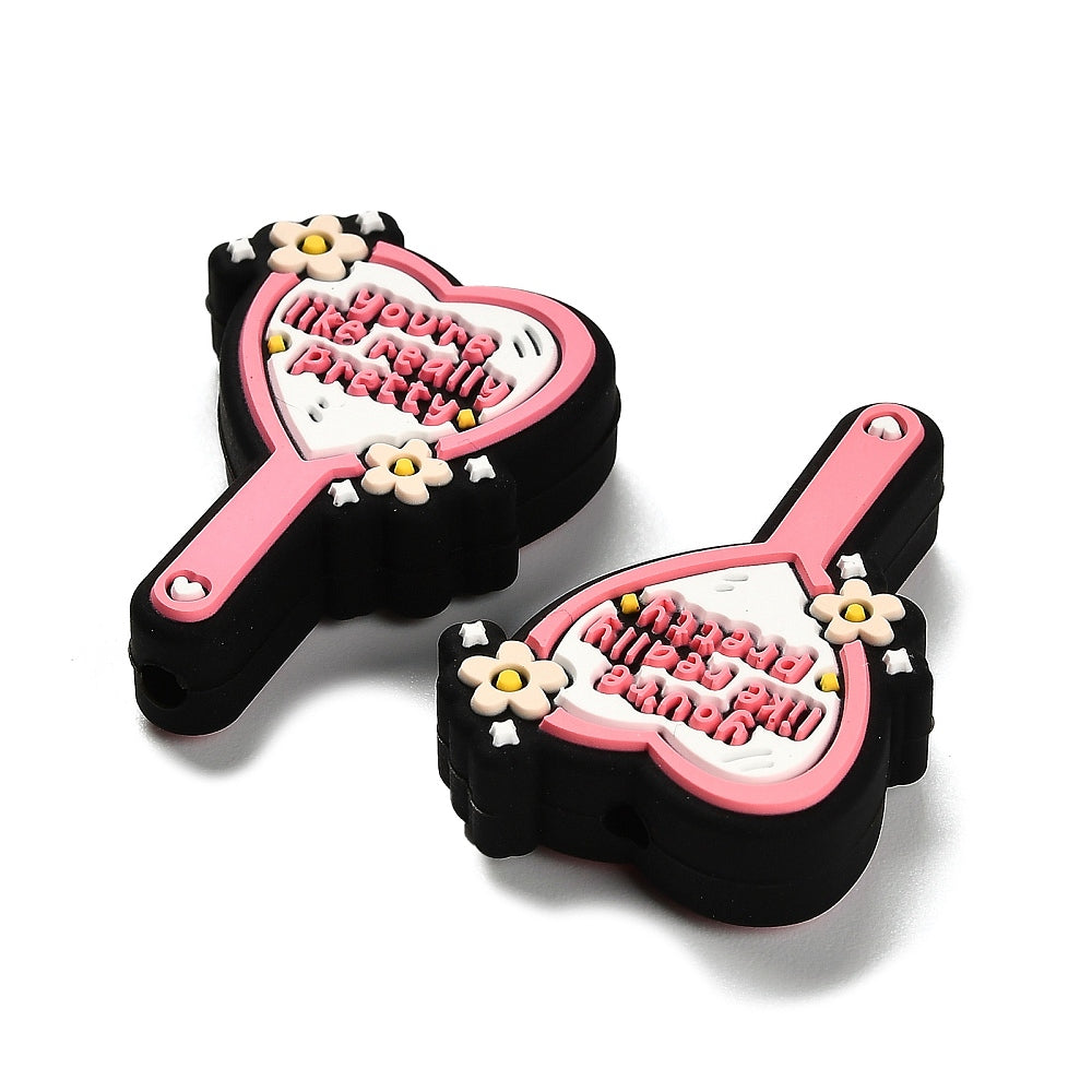 Heart Mirror Food Grade Eco-Friendly Silicone Focal Beads, Pink