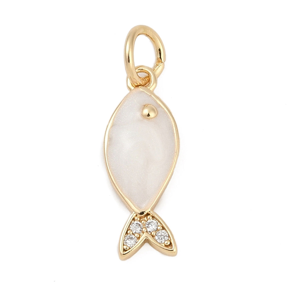 Brass Micro Pave Cubic Zirconia and Enamel Pendants, Fish, with Jump Ring, Real 18K Gold Plated