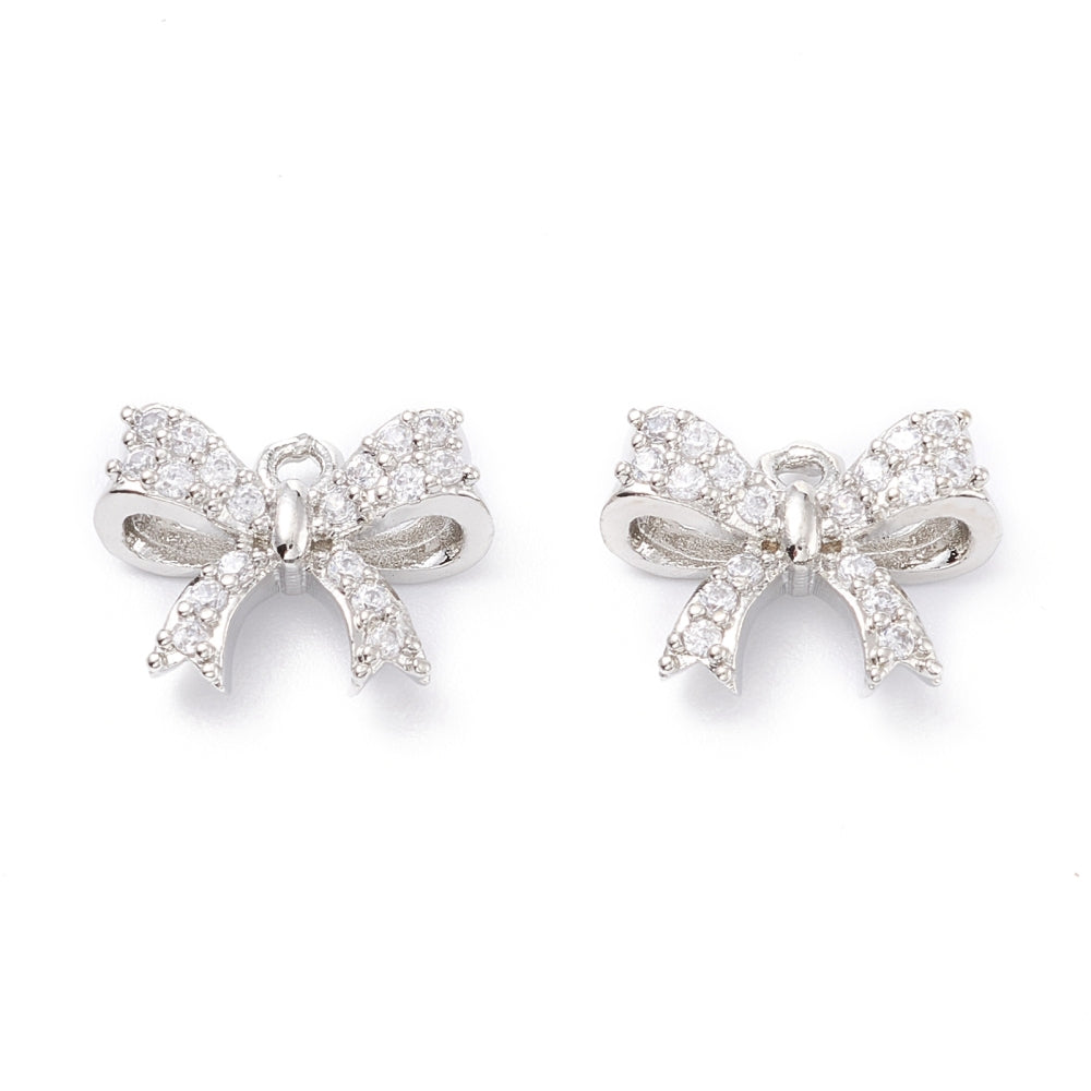 Rack Plating Brass Micro Pave Cubic Zirconia Charms, 2 Pack, Long-Lasting Plated, Bowknot, Light Gold Silver