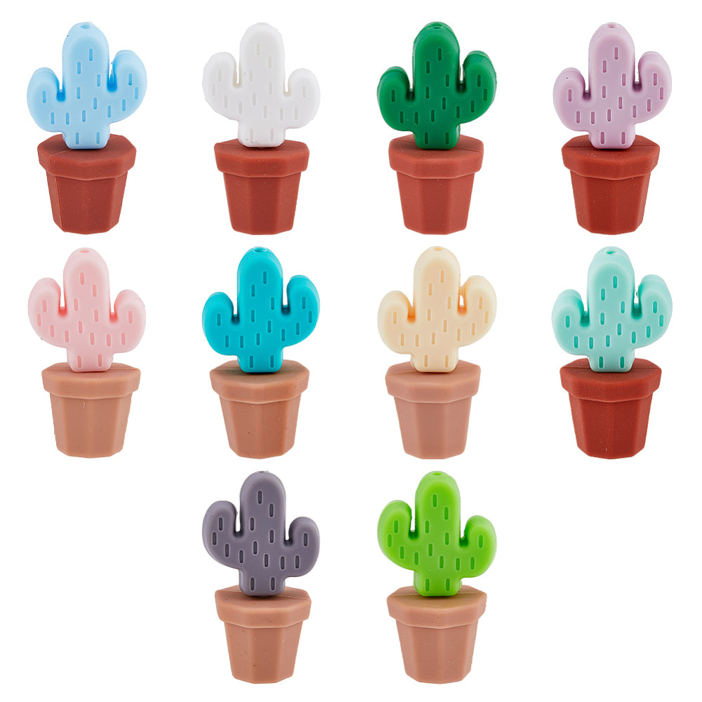 Cactus &; Potted Plants Food Grade Eco-Friendly Silicone Focal Beads, Mixed Color