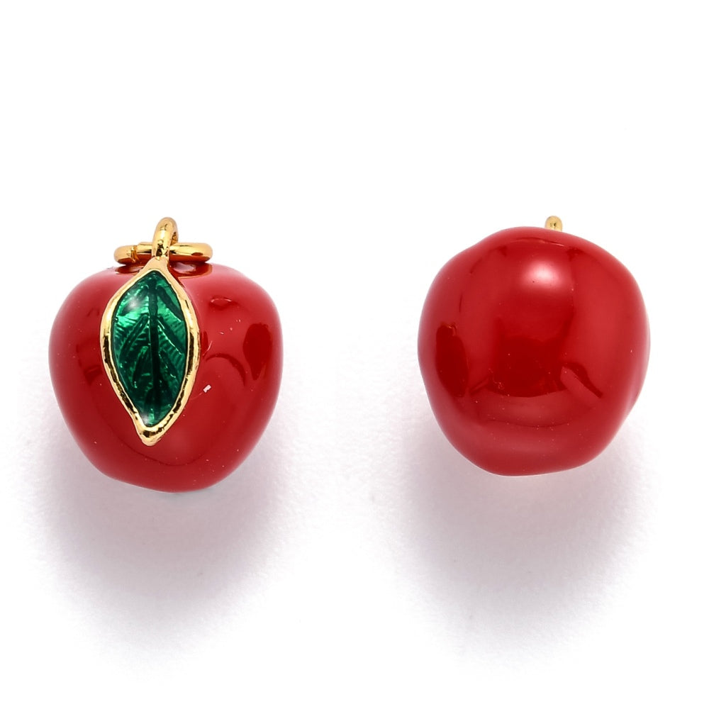Apple Brass Enamel Charms, with Jump Ring, Long-Lasting Plated, Real 18K Gold Plated