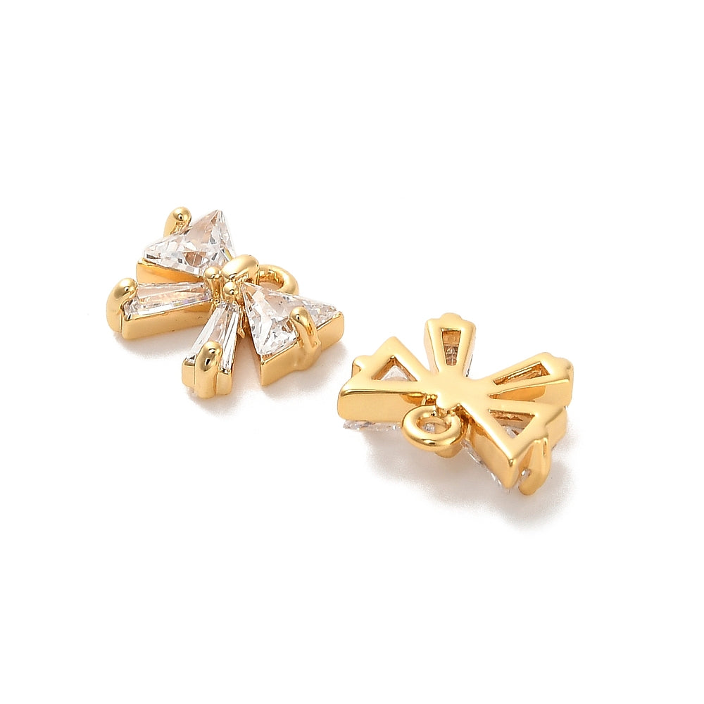Brass Cubic Zirconia Charms, Bowknot, Real 18K Gold Plated 2Pk