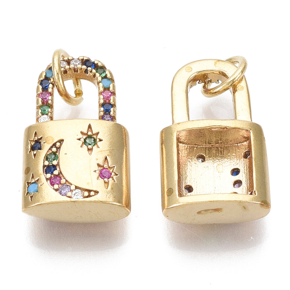 Brass Micro Pave Colorful Cubic Zirconia Pendants, with Jump Ring, Lock with Moon, Star, Nickel Free, Real 18K Gold Plated